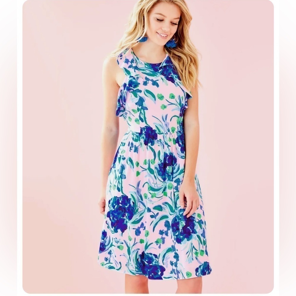 NEW Lilly Pulitzer Rory Pink Blue Tropics Floral Sweet Pea Ruffle Tank Dress